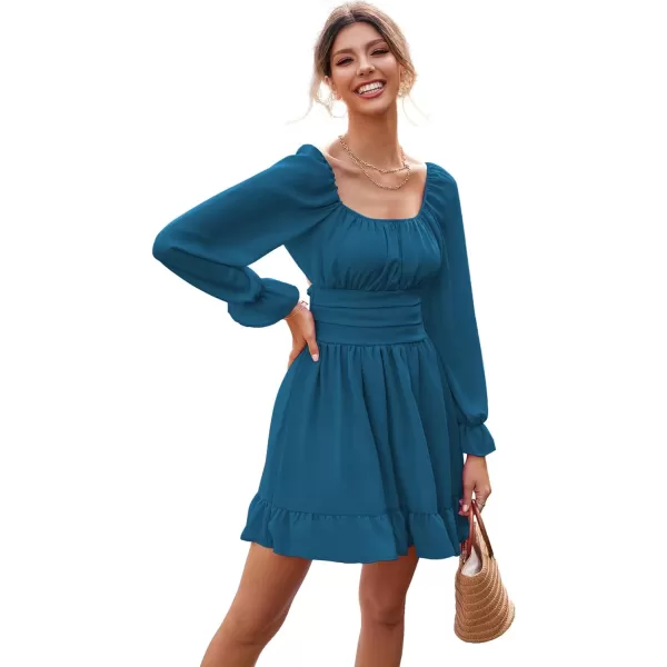 LYANER Women's Square Neck Tie Back Elastic Waist Long Sleeve Ruffle Hem Mini Dress