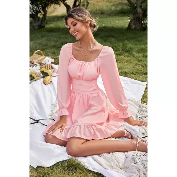 LYANER Women's Square Neck Tie Back Elastic Waist Long Sleeve Ruffle Hem Mini Dress