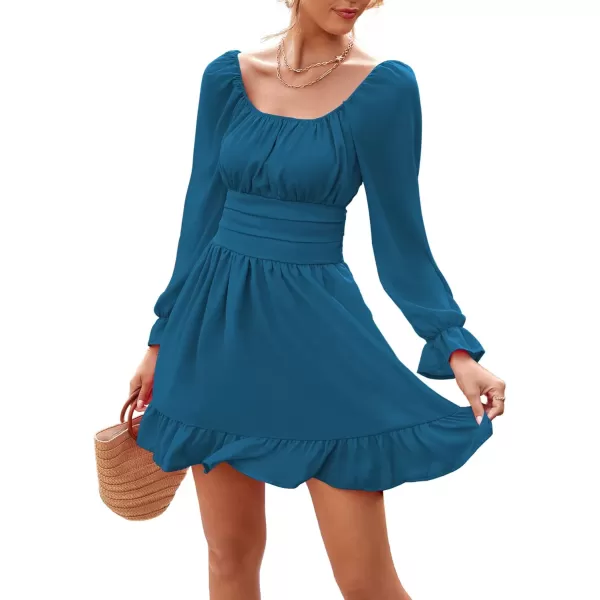 LYANER Women's Square Neck Tie Back Elastic Waist Long Sleeve Ruffle Hem Mini Dress