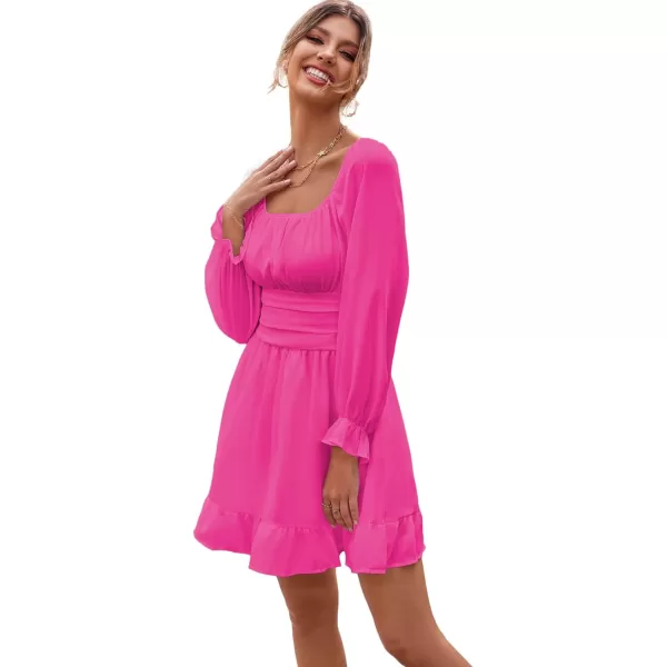 LYANER Women's Square Neck Tie Back Elastic Waist Long Sleeve Ruffle Hem Mini Dress