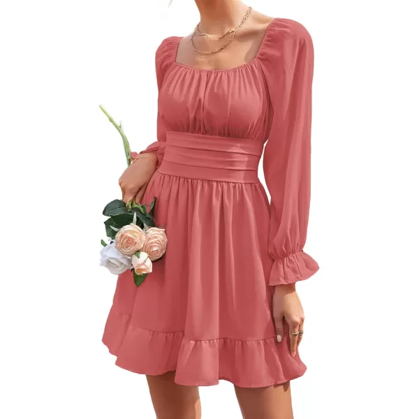 LYANER Women's Square Neck Tie Back Elastic Waist Long Sleeve Ruffle Hem Mini Dress