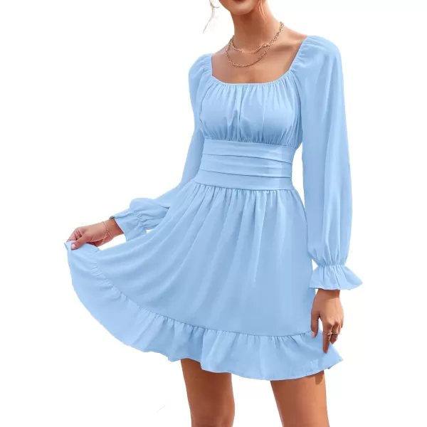 LYANER Women's Square Neck Tie Back Elastic Waist Long Sleeve Ruffle Hem Mini Dress
