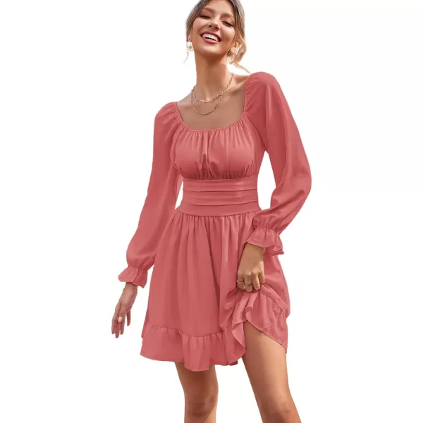 LYANER Women's Square Neck Tie Back Elastic Waist Long Sleeve Ruffle Hem Mini Dress