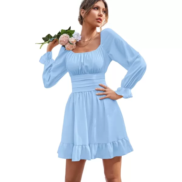 LYANER Women's Square Neck Tie Back Elastic Waist Long Sleeve Ruffle Hem Mini Dress