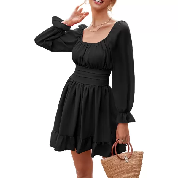 LYANER Women's Square Neck Tie Back Elastic Waist Long Sleeve Ruffle Hem Mini Dress