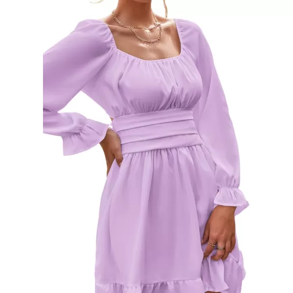 LYANER Women's Square Neck Tie Back Elastic Waist Long Sleeve Ruffle Hem Mini Dress