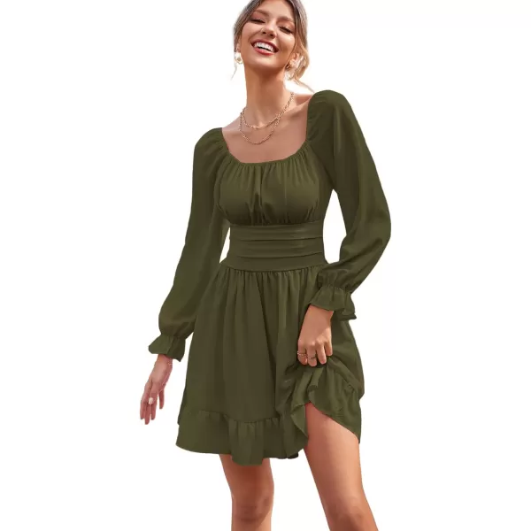 LYANER Women's Square Neck Tie Back Elastic Waist Long Sleeve Ruffle Hem Mini Dress