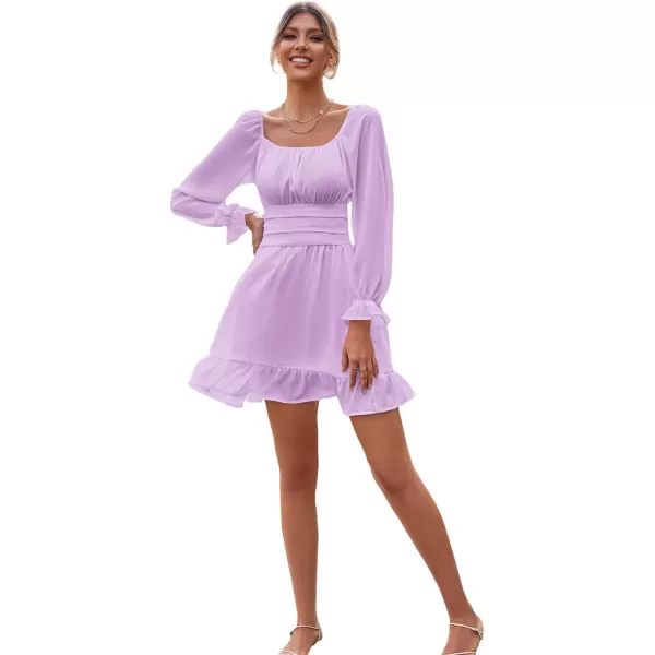 LYANER Women's Square Neck Tie Back Elastic Waist Long Sleeve Ruffle Hem Mini Dress