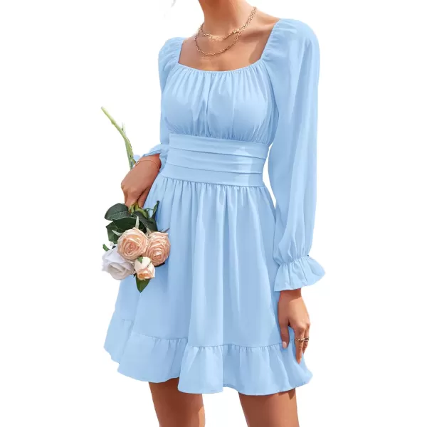 LYANER Women's Square Neck Tie Back Elastic Waist Long Sleeve Ruffle Hem Mini Dress