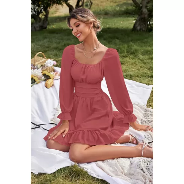 LYANER Women's Square Neck Tie Back Elastic Waist Long Sleeve Ruffle Hem Mini Dress