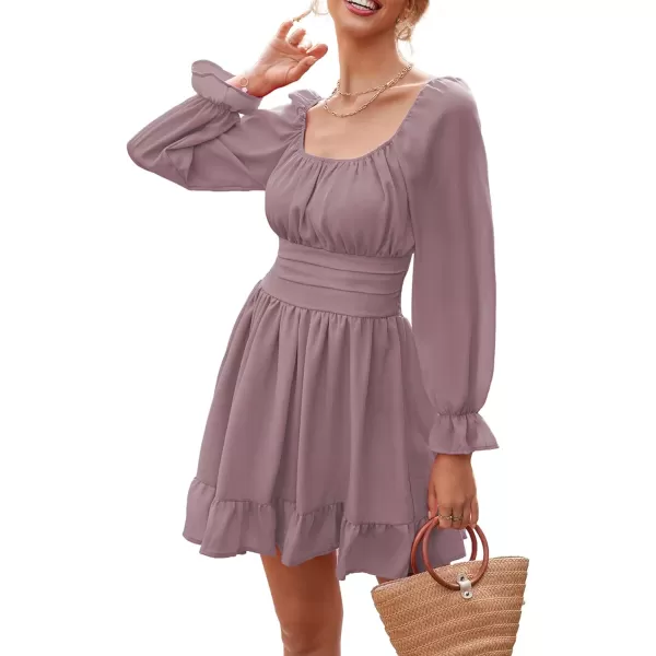 LYANER Women's Square Neck Tie Back Elastic Waist Long Sleeve Ruffle Hem Mini Dress
