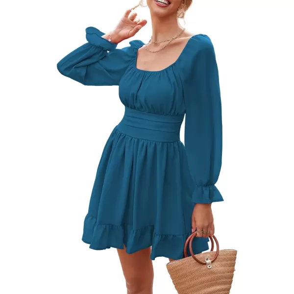 LYANER Women's Square Neck Tie Back Elastic Waist Long Sleeve Ruffle Hem Mini Dress