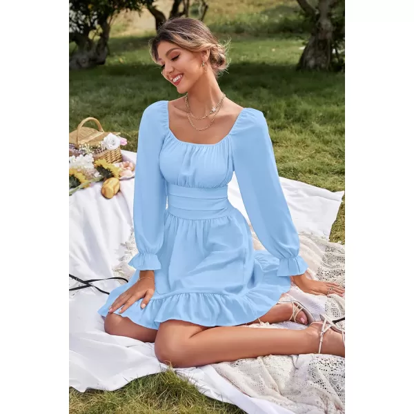 LYANER Women's Square Neck Tie Back Elastic Waist Long Sleeve Ruffle Hem Mini Dress