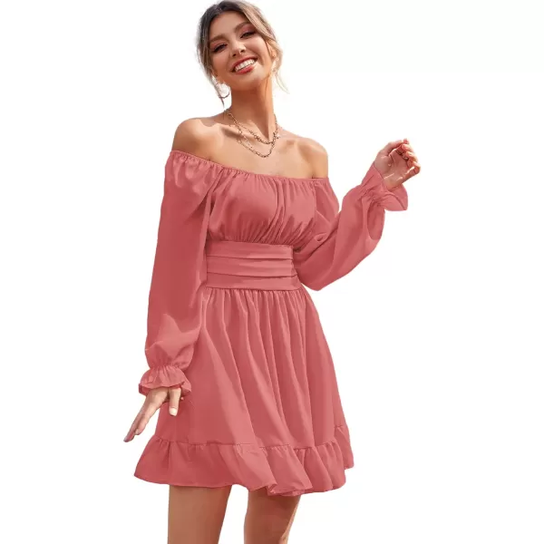 LYANER Women's Square Neck Tie Back Elastic Waist Long Sleeve Ruffle Hem Mini Dress