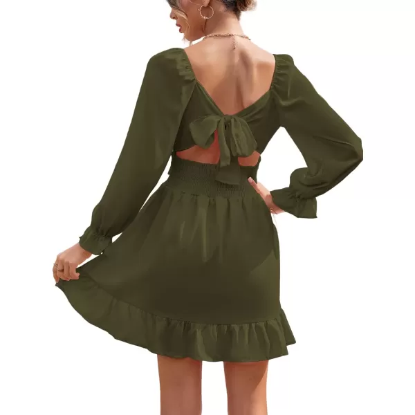 LYANER Women's Square Neck Tie Back Elastic Waist Long Sleeve Ruffle Hem Mini Dress