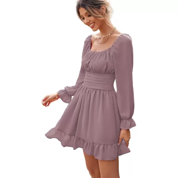 LYANER Women's Square Neck Tie Back Elastic Waist Long Sleeve Ruffle Hem Mini Dress