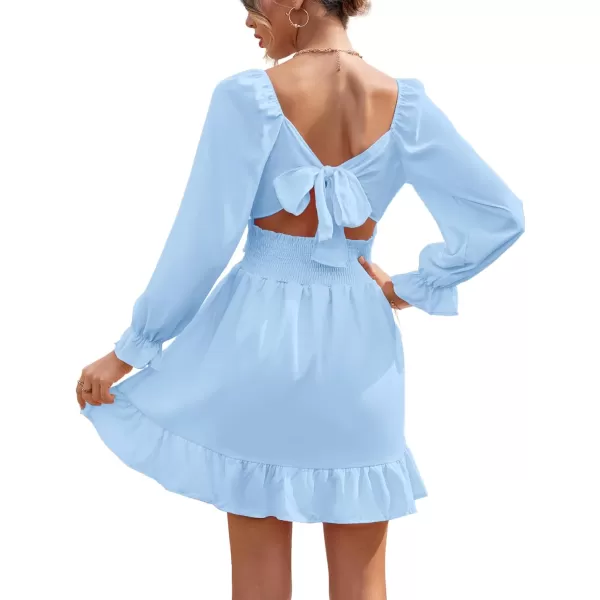 LYANER Women's Square Neck Tie Back Elastic Waist Long Sleeve Ruffle Hem Mini Dress