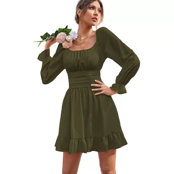 LYANER Women's Square Neck Tie Back Elastic Waist Long Sleeve Ruffle Hem Mini Dress