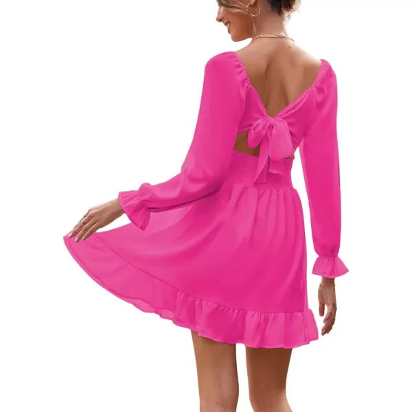 LYANER Women's Square Neck Tie Back Elastic Waist Long Sleeve Ruffle Hem Mini Dress