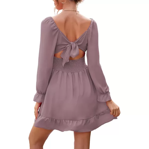 LYANER Women's Square Neck Tie Back Elastic Waist Long Sleeve Ruffle Hem Mini Dress