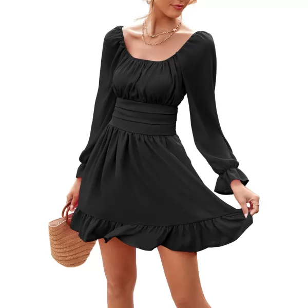 LYANER Women's Square Neck Tie Back Elastic Waist Long Sleeve Ruffle Hem Mini Dress