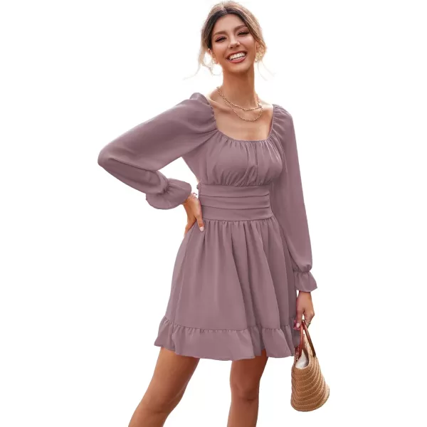 LYANER Women's Square Neck Tie Back Elastic Waist Long Sleeve Ruffle Hem Mini Dress