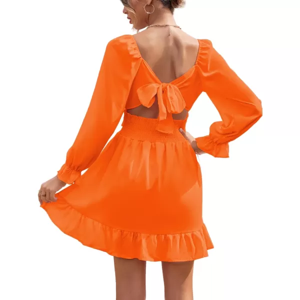 LYANER Women's Square Neck Tie Back Elastic Waist Long Sleeve Ruffle Hem Mini Dress