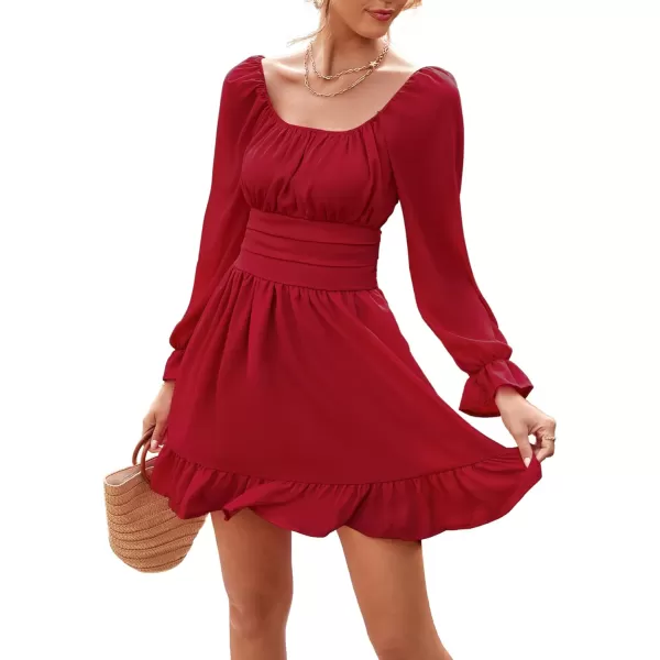LYANER Women's Square Neck Tie Back Elastic Waist Long Sleeve Ruffle Hem Mini Dress