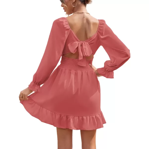 LYANER Women's Square Neck Tie Back Elastic Waist Long Sleeve Ruffle Hem Mini Dress