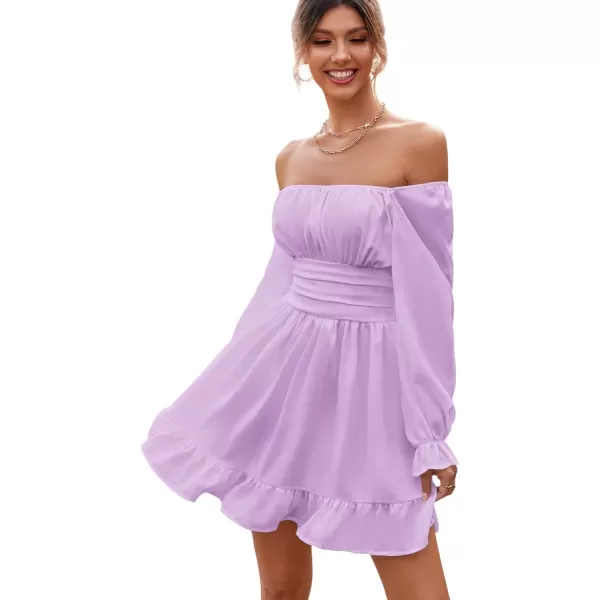 LYANER Women's Square Neck Tie Back Elastic Waist Long Sleeve Ruffle Hem Mini Dress