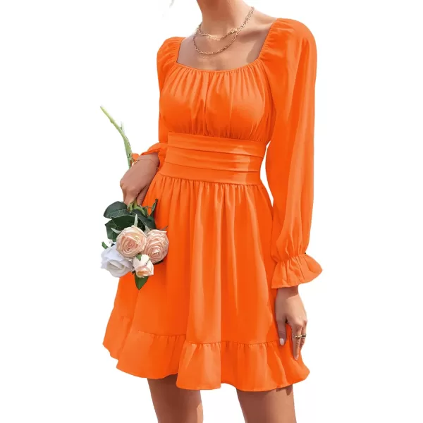 LYANER Women's Square Neck Tie Back Elastic Waist Long Sleeve Ruffle Hem Mini Dress