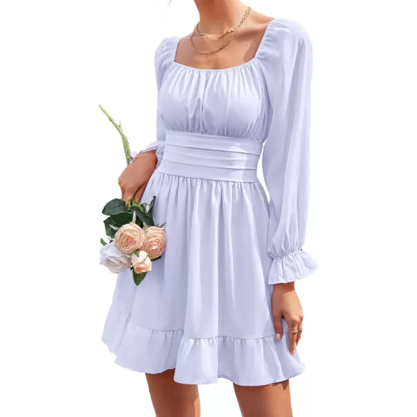 LYANER Women's Square Neck Tie Back Elastic Waist Long Sleeve Ruffle Hem Mini Dress