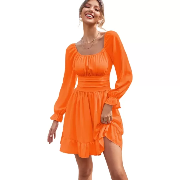 LYANER Women's Square Neck Tie Back Elastic Waist Long Sleeve Ruffle Hem Mini Dress