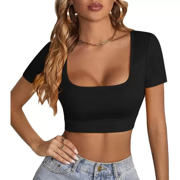 LYANER Women's Square Neck Tops Short Sleeve Crop Tops Basic Tee Slim Fit Workout Shirts