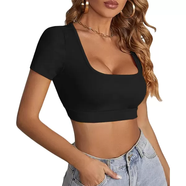 LYANER Women's Square Neck Tops Short Sleeve Crop Tops Basic Tee Slim Fit Workout Shirts