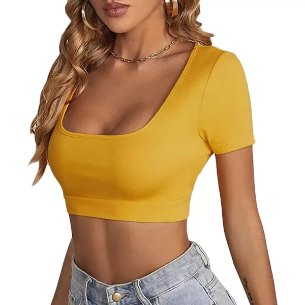 LYANER Women's Square Neck Tops Short Sleeve Crop Tops Basic Tee Slim Fit Workout Shirts