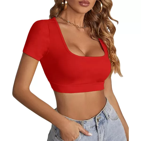 LYANER Women's Square Neck Tops Short Sleeve Crop Tops Basic Tee Slim Fit Workout Shirts