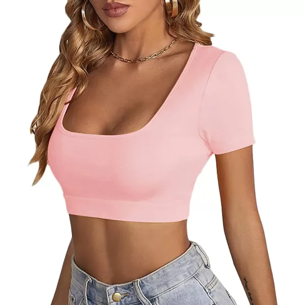 LYANER Women's Square Neck Tops Short Sleeve Crop Tops Basic Tee Slim Fit Workout Shirts