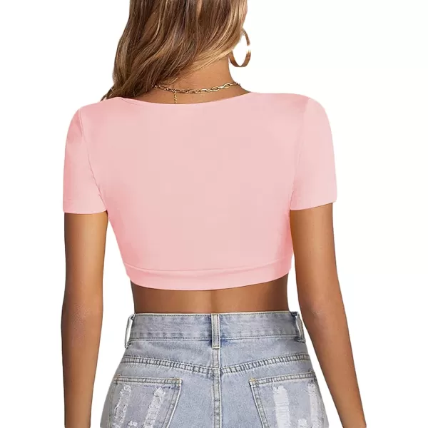 LYANER Women's Square Neck Tops Short Sleeve Crop Tops Basic Tee Slim Fit Workout Shirts
