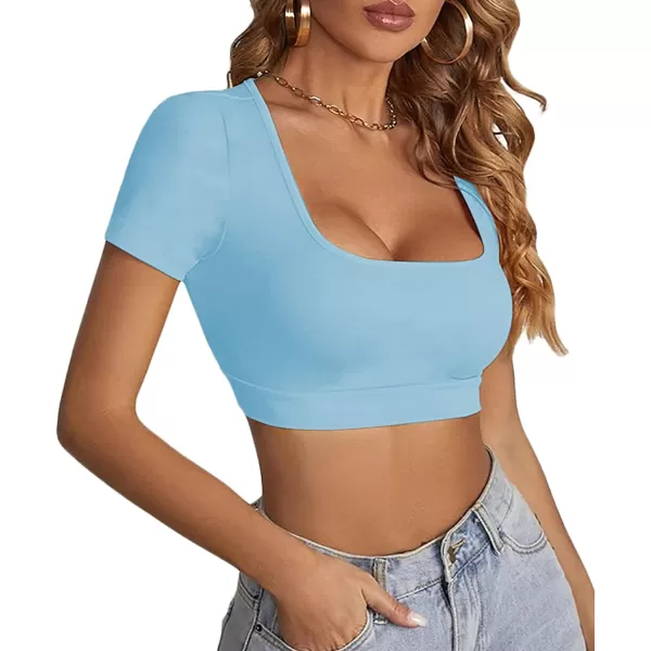 LYANER Women's Square Neck Tops Short Sleeve Crop Tops Basic Tee Slim Fit Workout Shirts
