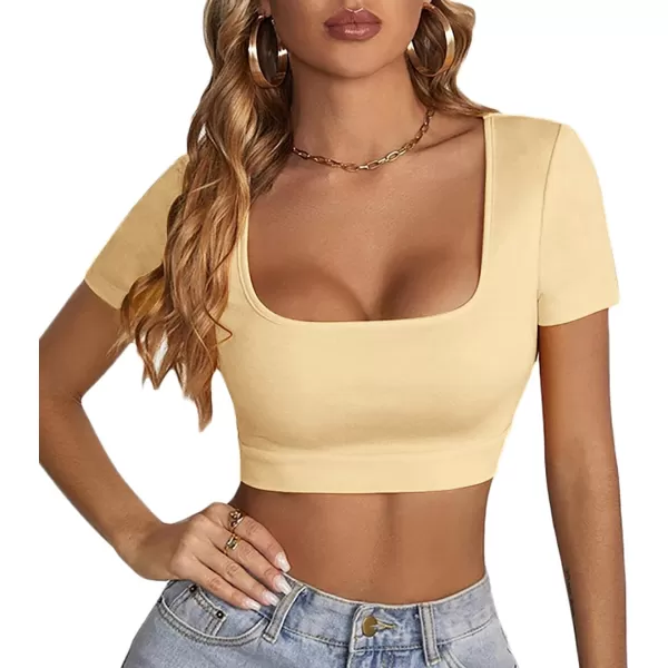 LYANER Women's Square Neck Tops Short Sleeve Crop Tops Basic Tee Slim Fit Workout Shirts