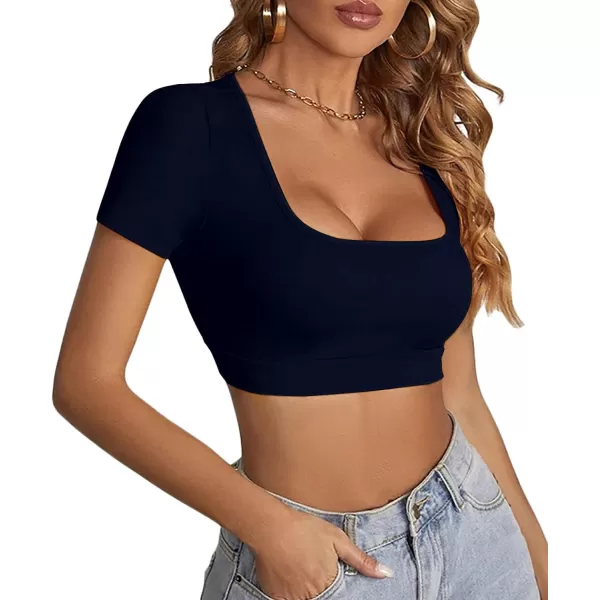 LYANER Women's Square Neck Tops Short Sleeve Crop Tops Basic Tee Slim Fit Workout Shirts
