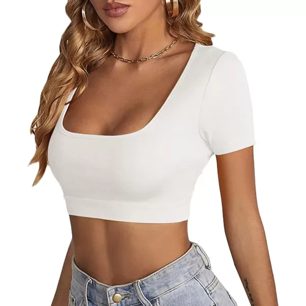LYANER Women's Square Neck Tops Short Sleeve Crop Tops Basic Tee Slim Fit Workout Shirts