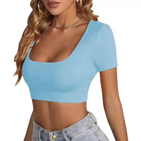 LYANER Women's Square Neck Tops Short Sleeve Crop Tops Basic Tee Slim Fit Workout Shirts