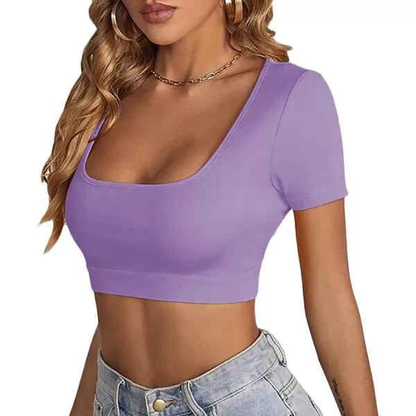LYANER Women's Square Neck Tops Short Sleeve Crop Tops Basic Tee Slim Fit Workout Shirts