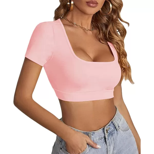 LYANER Women's Square Neck Tops Short Sleeve Crop Tops Basic Tee Slim Fit Workout Shirts