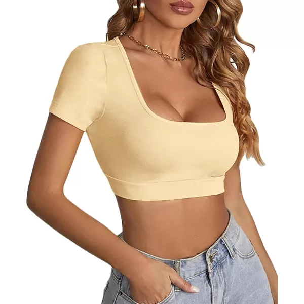 LYANER Women's Square Neck Tops Short Sleeve Crop Tops Basic Tee Slim Fit Workout Shirts