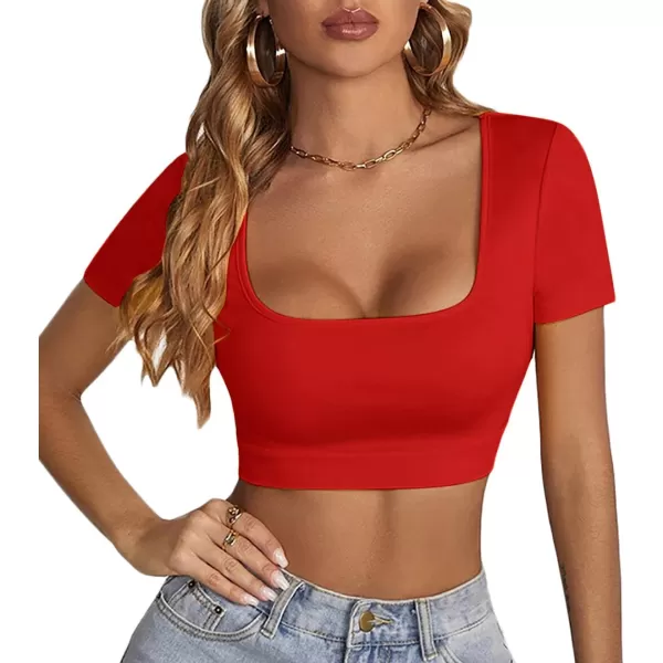 LYANER Women's Square Neck Tops Short Sleeve Crop Tops Basic Tee Slim Fit Workout Shirts
