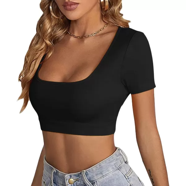 LYANER Women's Square Neck Tops Short Sleeve Crop Tops Basic Tee Slim Fit Workout Shirts
