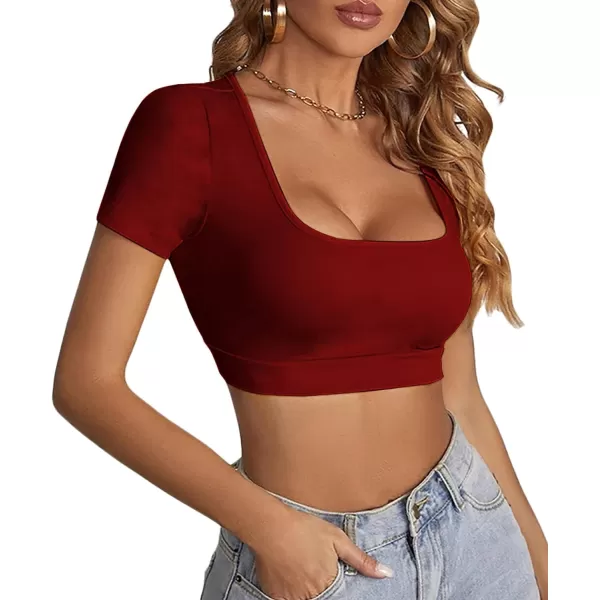 LYANER Women's Square Neck Tops Short Sleeve Crop Tops Basic Tee Slim Fit Workout Shirts
